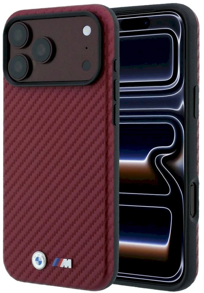 BMW M Carbon Metal Logo MagSafe dėklas, skirtas iPhone 17 Pro Max / 18 Pro Max – Bordo