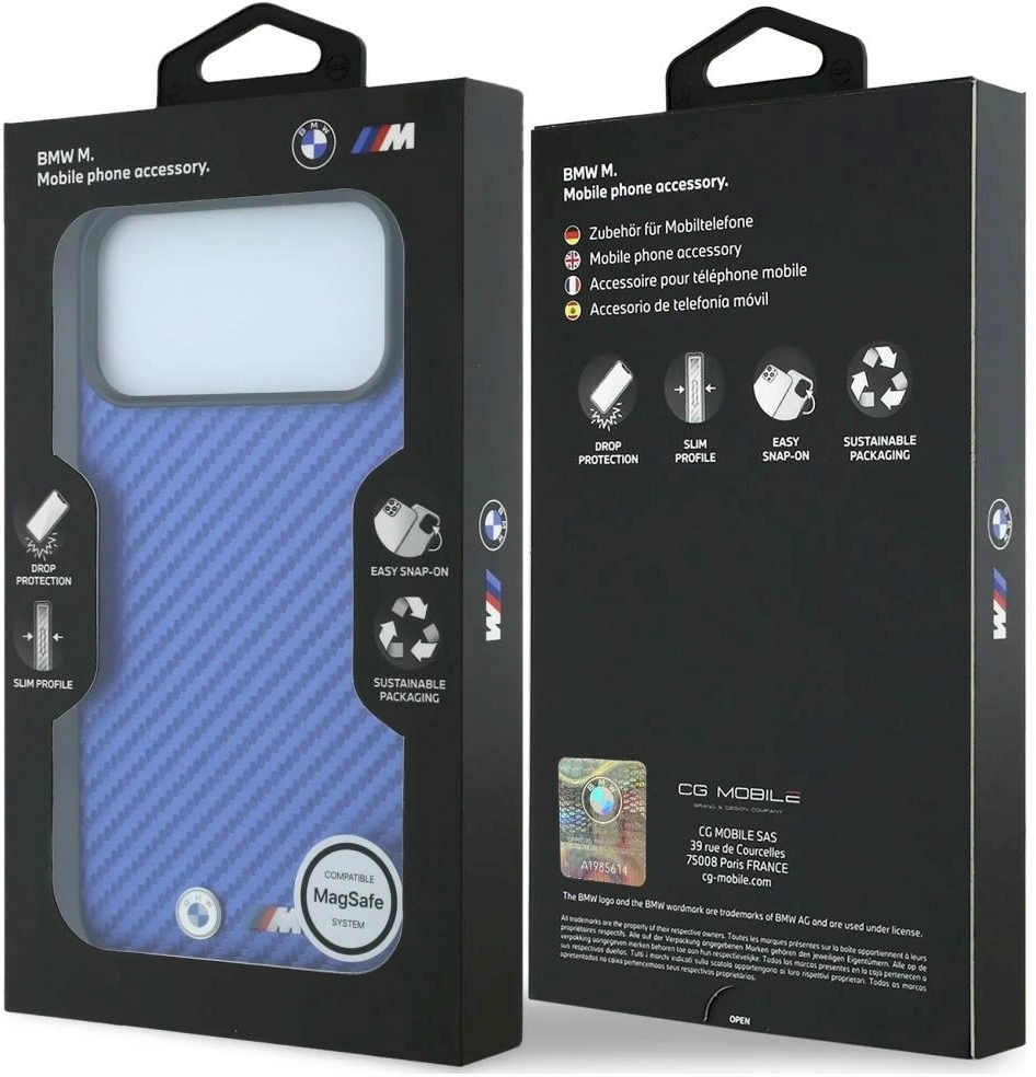 Dėklas BMW case for IPHONE 18 Pro/17 Pro compatible with MagSafe (Carbon Metal Logo) mėlynas