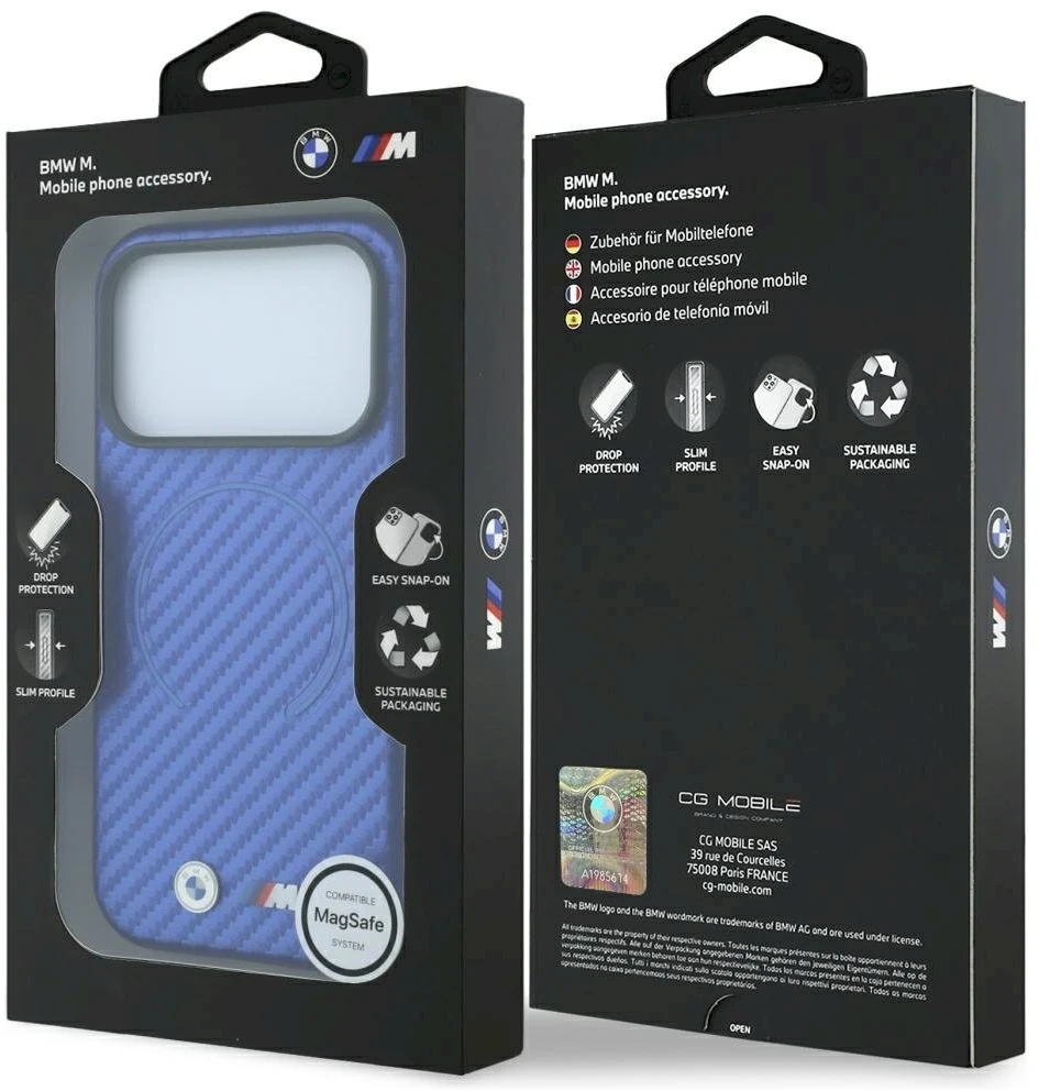 BMW M anglies pluošto rašto MagSafe dėklas, skirtas iPhone 17 Pro / 18 Pro - Mėlyna