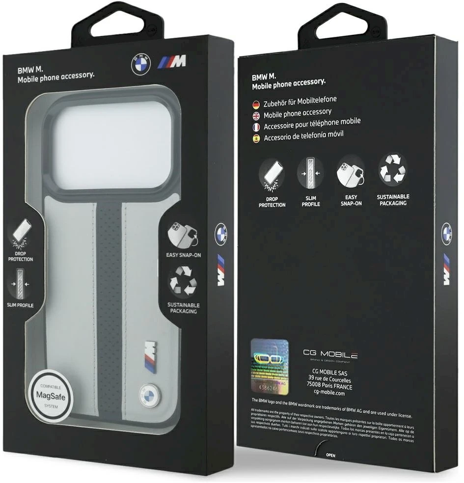 Dėklas BMW M Perforated Stripe Logo MagSafe iPhone 17 Pro pilkas