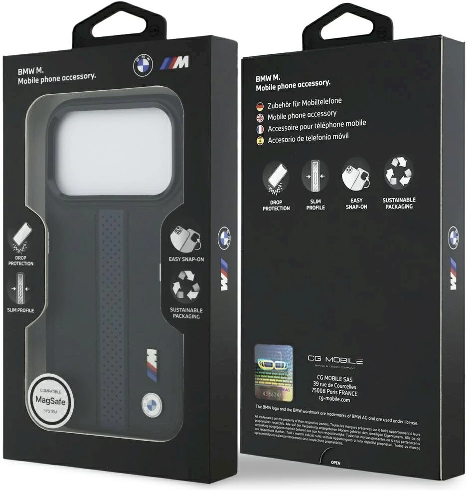 Dėklas BMW M Perforated Stripe Logo MagSafe iPhone 17 Pro mėlynas