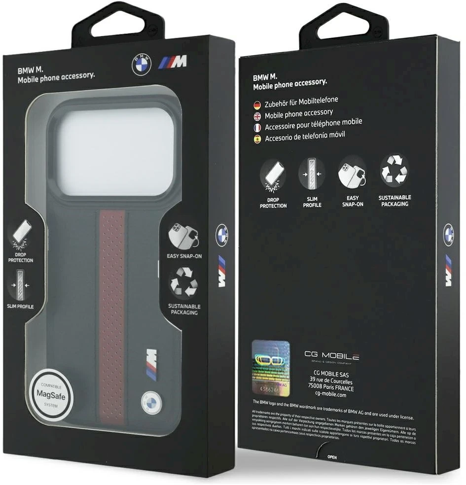 Dėklas BMW M Perforated Stripe Logo MagSafe iPhone 17 Pro raudonas