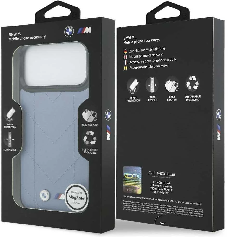 Dėklas BMW M Quilted Logo MagSafe Apple iPhone 17 Pro Max mėlynas