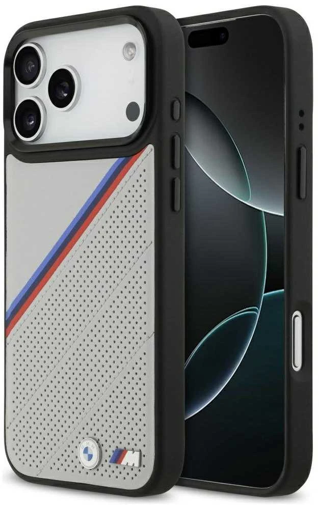 BMW M Tricolor Metal Logo MagSafe dėklas Apple iPhone 17 Pro Max pilkos spalvos