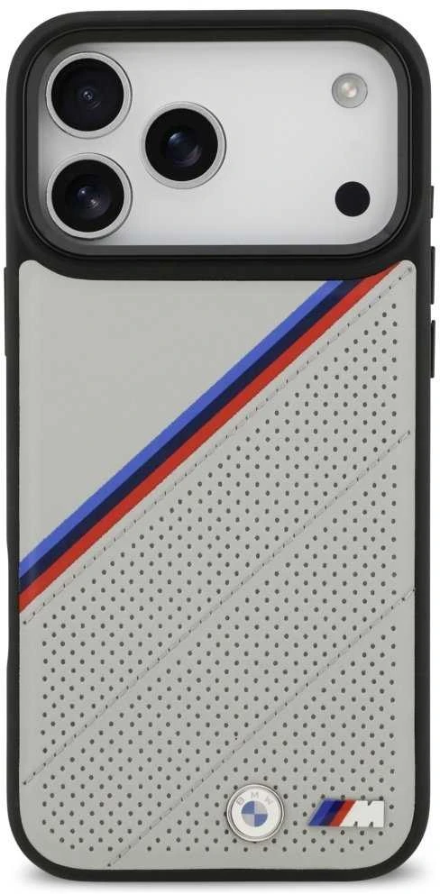 BMW M Tricolor Metal Logo MagSafe dėklas Apple iPhone 17 Pro Max pilkos spalvos