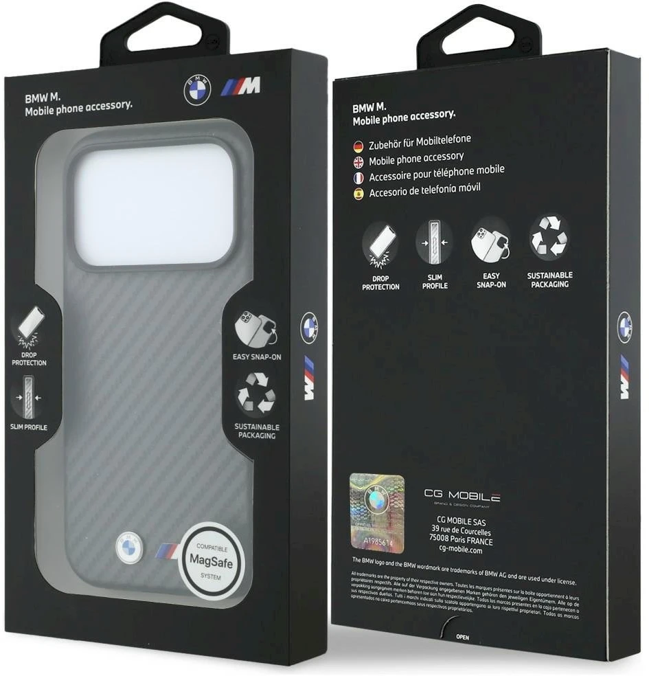 Dėklas BMW M Carbon Metal Logo MagSafe skirtas iPhone 18 Pro Max pilkas