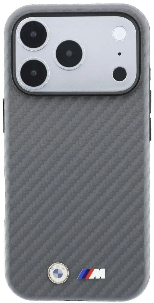 Dėklas BMW M Carbon Metal Logo MagSafe skirtas iPhone 18 Pro pilkas