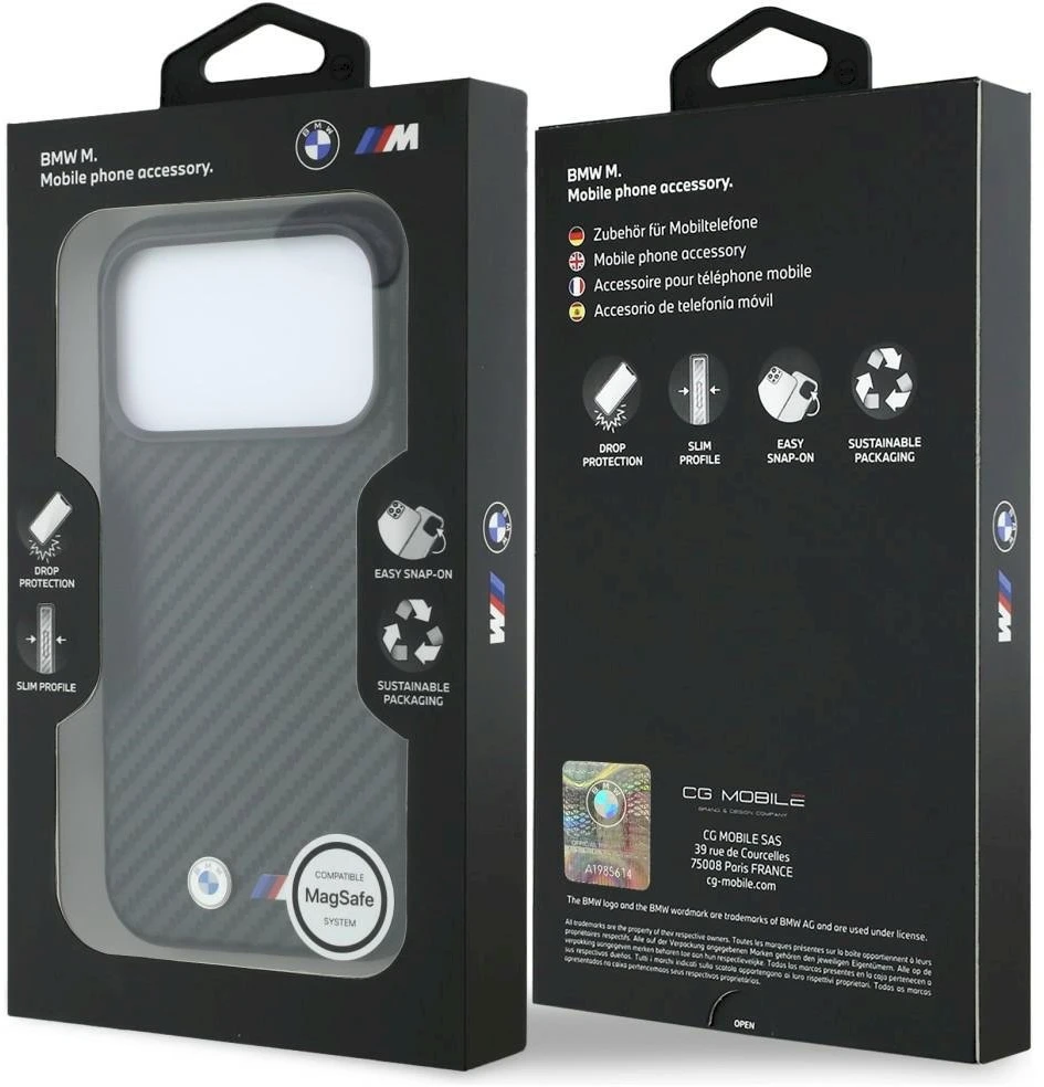 Dėklas BMW M Carbon Metal Logo MagSafe skirtas iPhone 18 Pro Max juodas