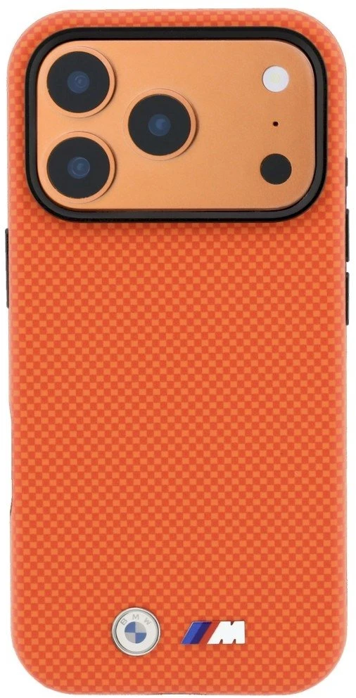 Dėklas BMW M Quadrille Kevlar Metal Logo MagSafe, skirtas iPhone 18 Pro Max, oranžinis