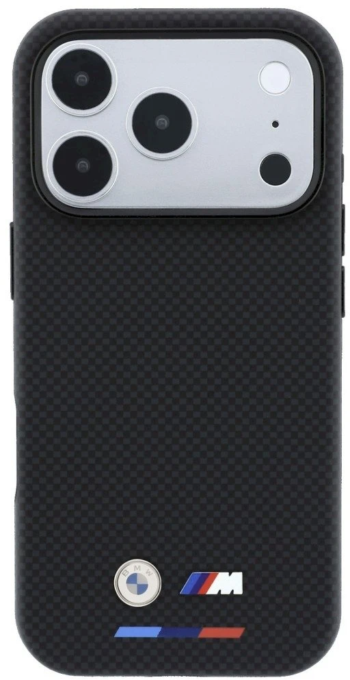 Dėklas BMW M Quadrille Kevlar Tricolor & Metal Logo MagSafe Case, skirtas iPhone 17 Pro / 18 Pro - Juoda