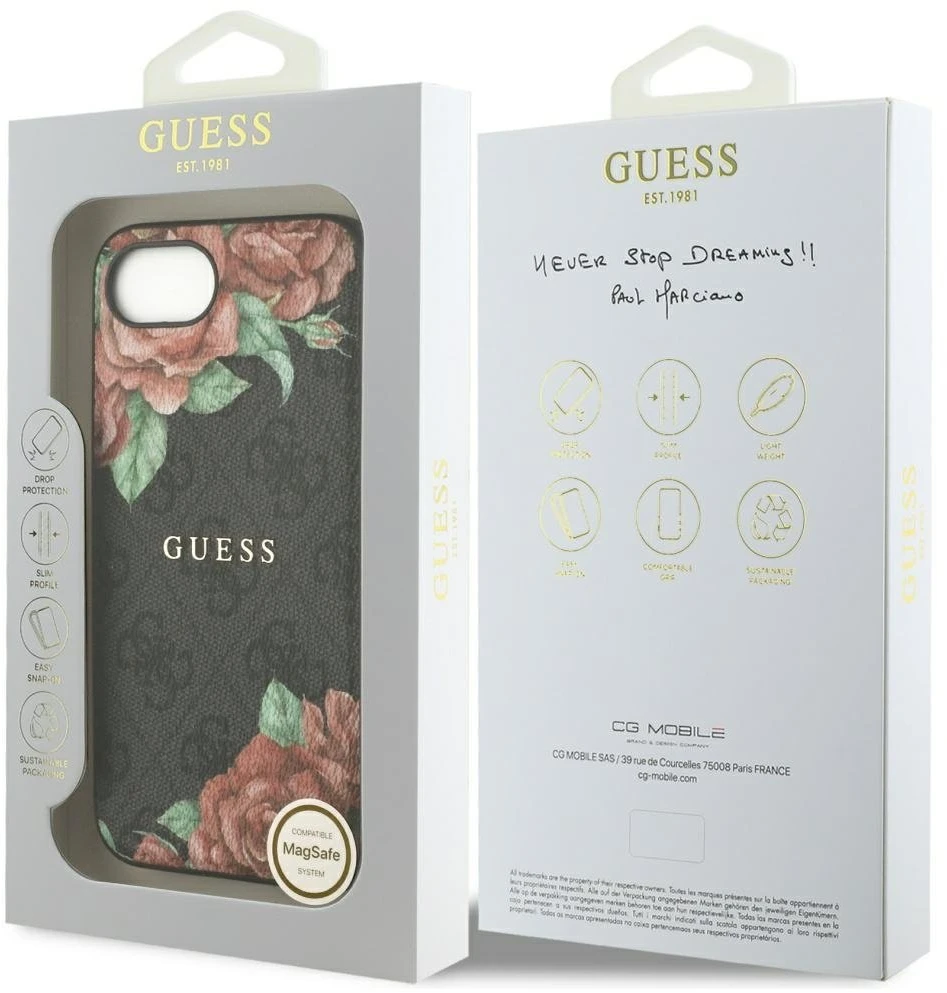 Guess 4G Flowers Print MagSafe dėklas iPhone 16e - juodas