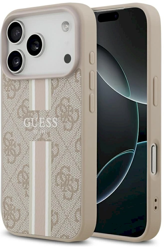 „Guess 4G“ dryžuotas „MagSafe“ dėklas, skirtas „iPhone 17 Pro“ – Rožinė