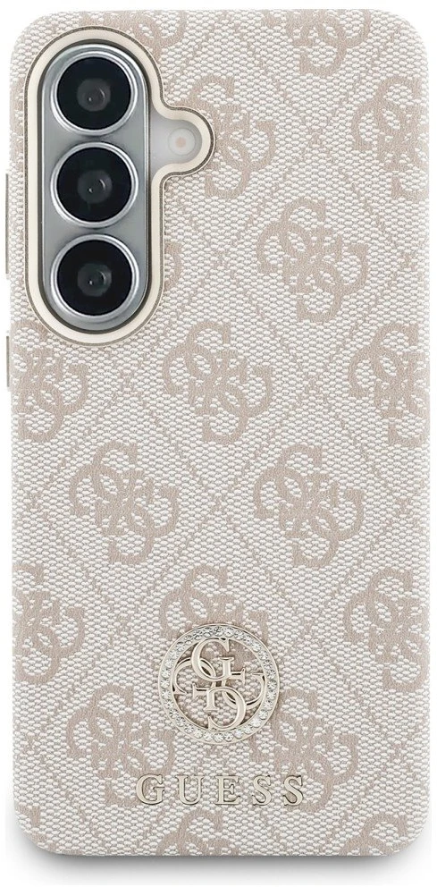 Guess PU Leather 4G Strass Logo Gold Frame Magnetic dėklas skirtas Samsung Galaxy S26 rožinės spalvos