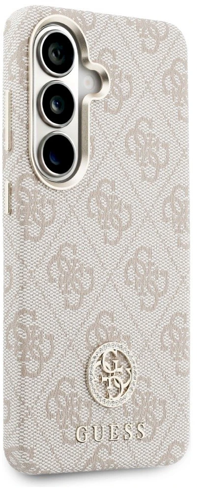 Guess PU Leather 4G Strass Logo Gold Frame Magnetic dėklas skirtas Samsung Galaxy S26 rožinės spalvos