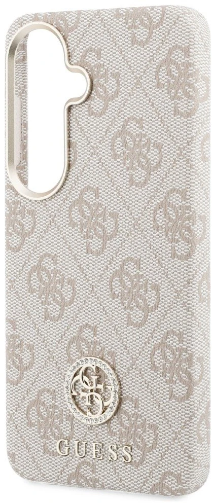 Guess PU Leather 4G Strass Logo Gold Frame Magnetic dėklas skirtas Samsung Galaxy S26 rožinės spalvos