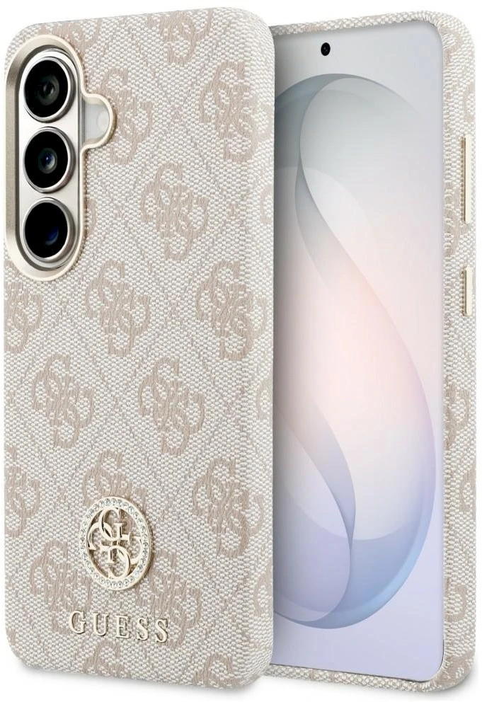 Guess PU Leather 4G Strass Logo Gold Frame Magnetic dėklas skirtas Samsung Galaxy S26 rožinės spalvos