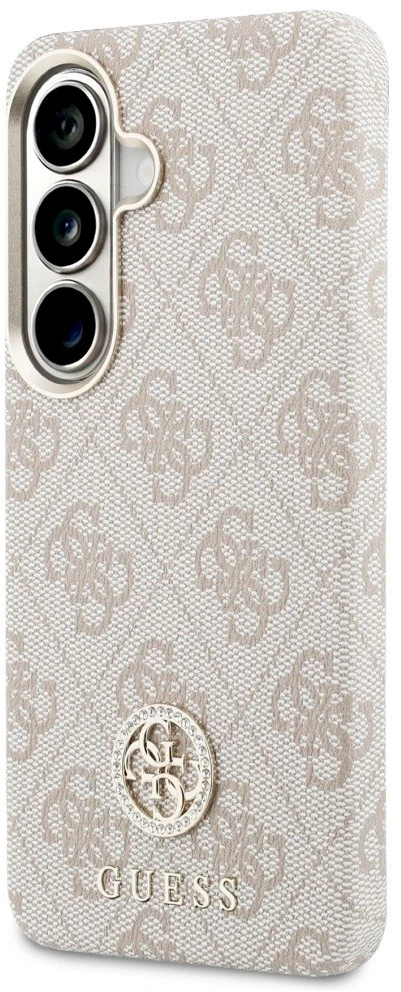 Guess PU Leather 4G Strass Logo Gold Frame Magnetic dėklas skirtas Samsung Galaxy S26 rožinės spalvos