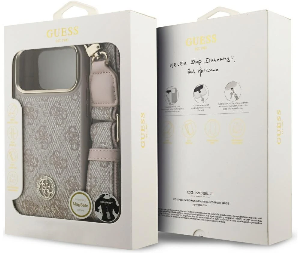 Original dėklas GUESS 4G Strass Logo & Big Strap Metal Mygtukai MagSafe skirtas Apple iPhone 17 Pro Max pink