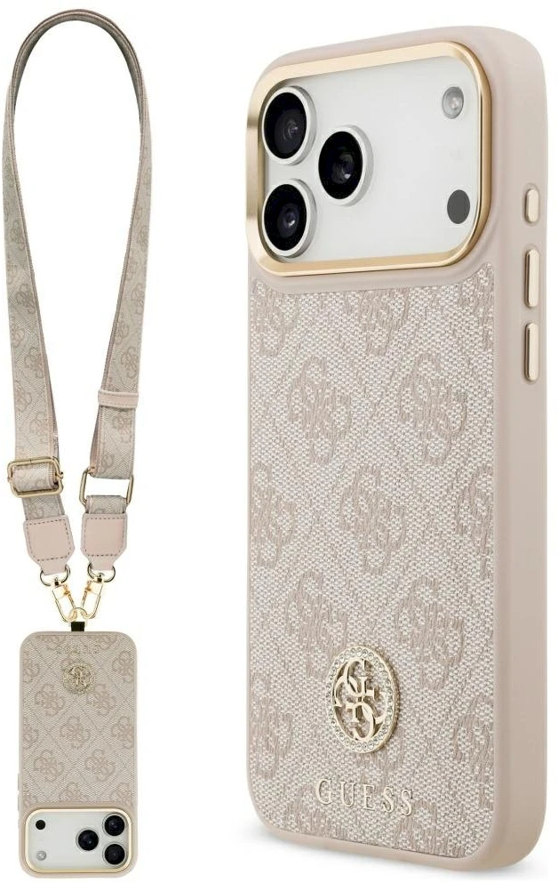Original dėklas GUESS 4G Strass Logo & Big Strap Metal Mygtukai MagSafe skirtas Apple iPhone 17 Pro Max pink