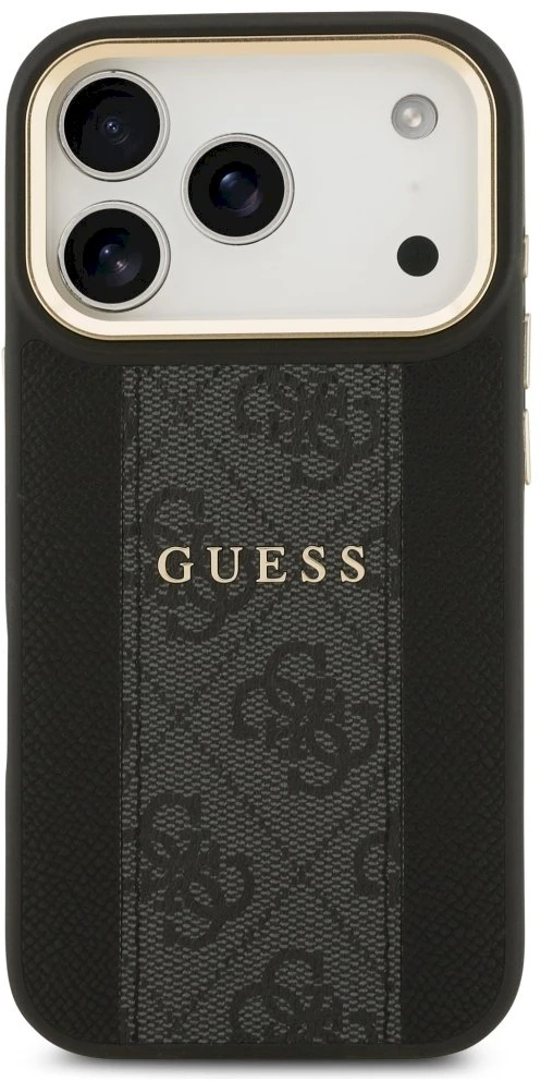 GUESS dėklas, skirtas IPHONE 17 Pro, suderinamas su MagSafe GUHMP17LPG4SEMCK (PU su 4G juostele), juodas
