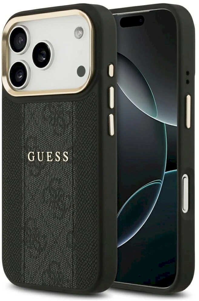 GUESS dėklas, skirtas IPHONE 17 Pro, suderinamas su MagSafe GUHMP17LPG4SEMCK (PU su 4G juostele), juodas