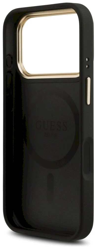 GUESS dėklas, skirtas IPHONE 17 Pro, suderinamas su MagSafe GUHMP17LPG4SEMCK (PU su 4G juostele), juodas