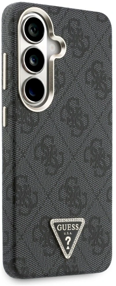 Guess PU Leather 4G Strass Triangle Logo Gold Frame Magnetic dėklas skirtas Samsung Galaxy S26 juodos spalvos