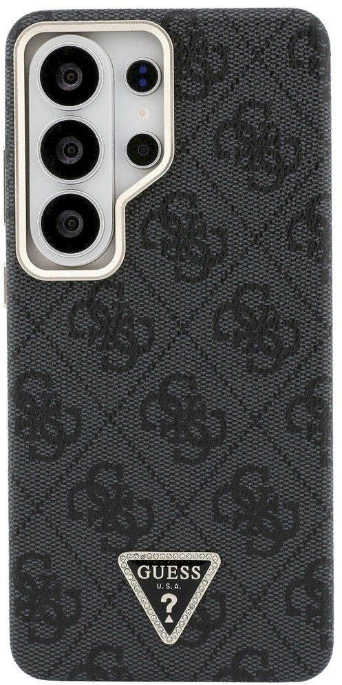 Guess PU Leather 4G Strass Triangle Logo Gold Frame Magnetic dėklas skirtas Samsung Galaxy S26 Ultra juodos spalvos