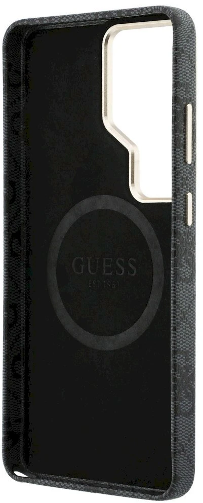 Guess PU Leather 4G Strass Triangle Logo Gold Frame Magnetic dėklas skirtas Samsung Galaxy S26 Ultra juodos spalvos