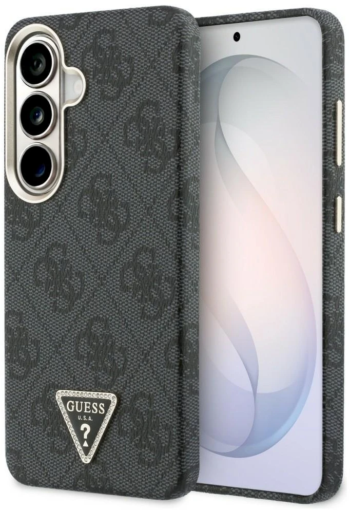 Guess PU Leather 4G Strass Triangle Logo Gold Frame Magnetic dėklas skirtas Samsung Galaxy S26 juodos spalvos