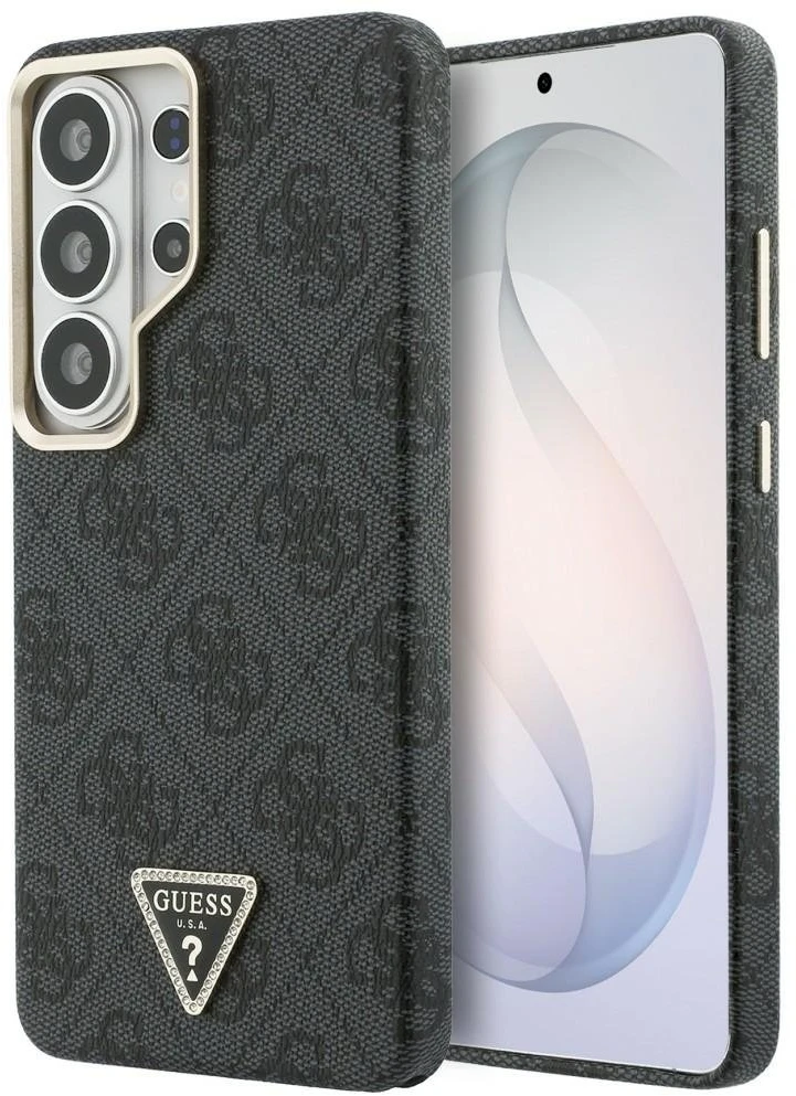 Guess PU Leather 4G Strass Triangle Logo Gold Frame Magnetic dėklas skirtas Samsung Galaxy S26 Ultra juodos spalvos
