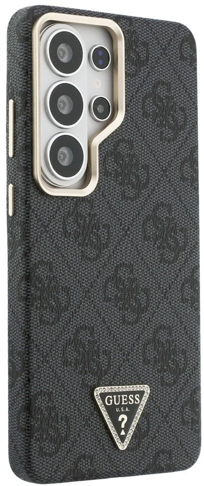 Guess PU Leather 4G Strass Triangle Logo Gold Frame Magnetic dėklas skirtas Samsung Galaxy S26 Ultra juodos spalvos