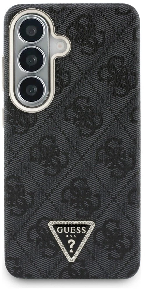 Guess PU Leather 4G Strass Triangle Logo Gold Frame Magnetic dėklas skirtas Samsung Galaxy S26 juodos spalvos
