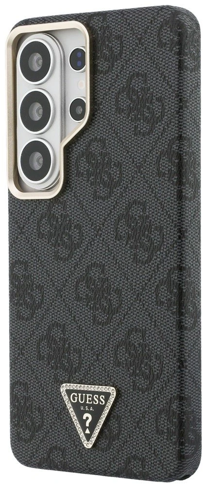 Guess PU Leather 4G Strass Triangle Logo Gold Frame Magnetic dėklas skirtas Samsung Galaxy S26 Ultra juodos spalvos