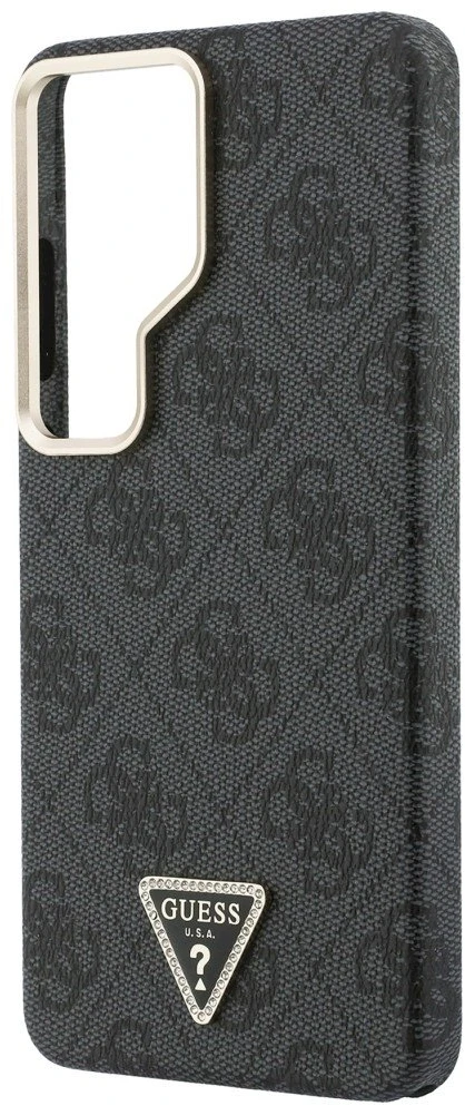 Guess PU Leather 4G Strass Triangle Logo Gold Frame Magnetic dėklas skirtas Samsung Galaxy S26 Ultra juodos spalvos