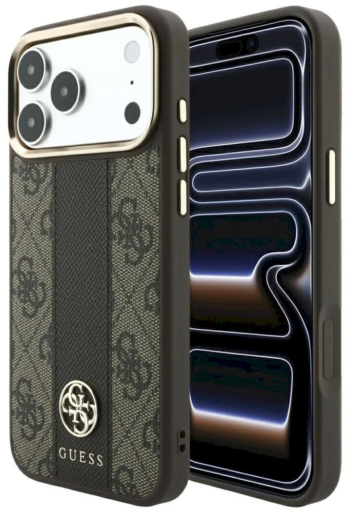 Dėklas Guess Case for IPHONE 18 Pro/17 Pro compatible with MagSafe (Stripe Round and Classic Logos 4G) ruda