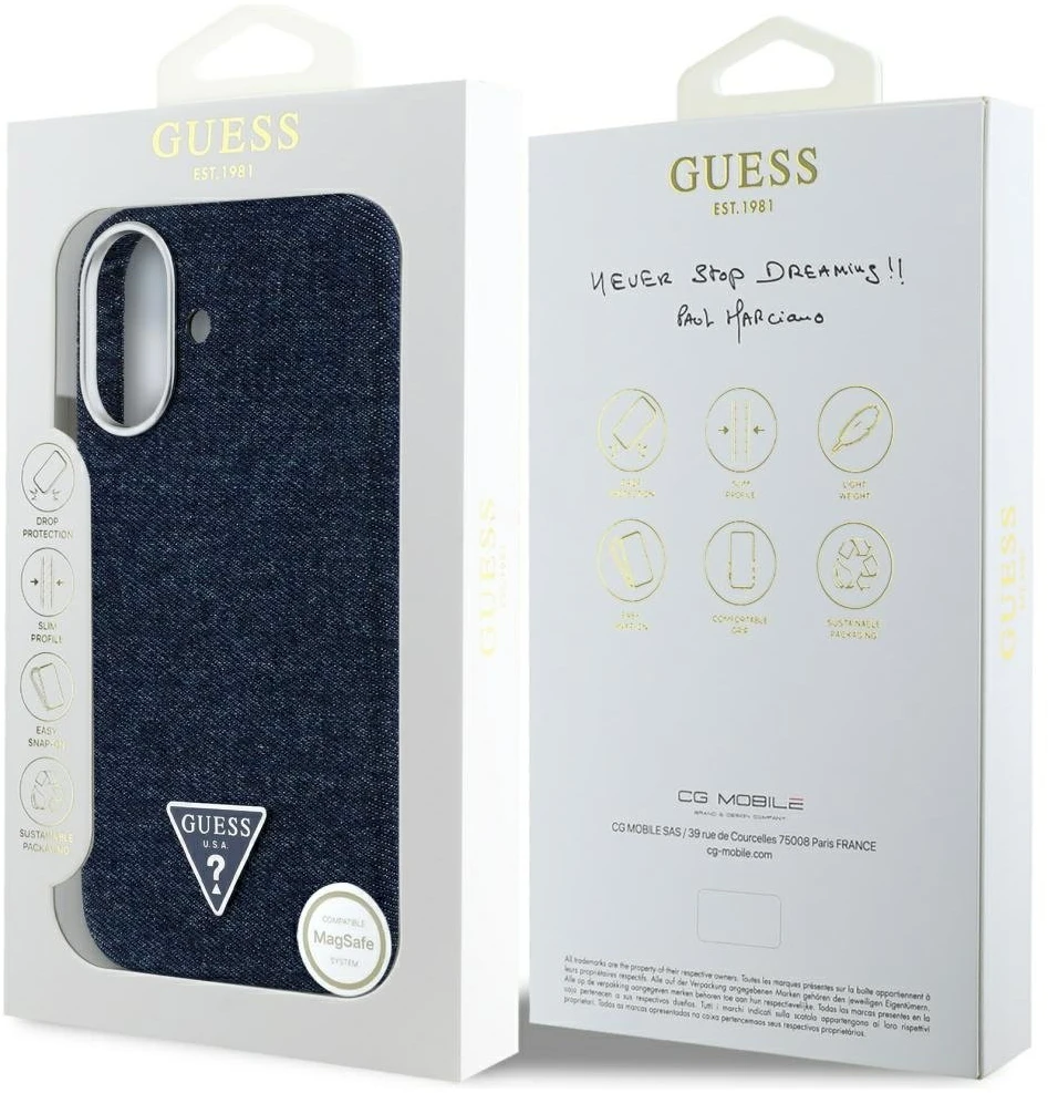 Guess Denim Triangle Logo MagSafe iPhone 16 Dėklas - Mėlyna