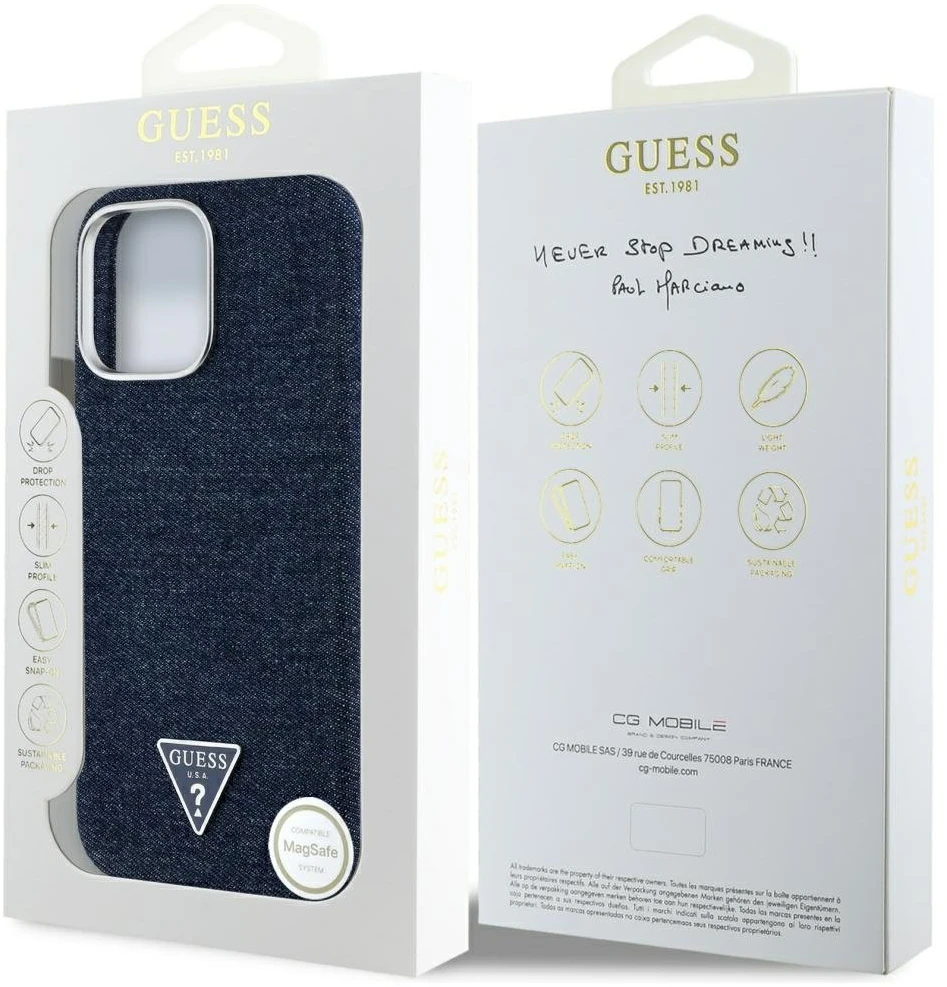Guess Denim Triangle Logo MagSafe iPhone 16 Pro Dėklas - Mėlyna