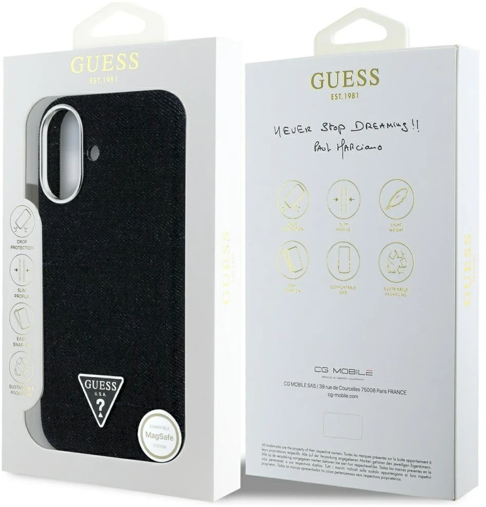 Guess Denim Triangle Logo MagSafe dėklas iPhone 16 - juodas