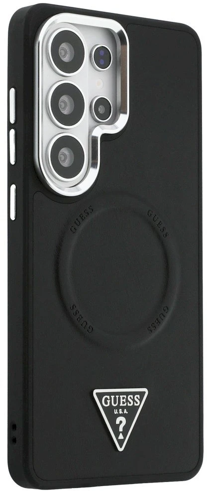 Dėklas Guess Embossed Ring Triangle Logo MagSafe Samsung Galaxy S26 Ultra juodos spalvos