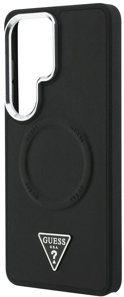 Dėklas Guess Embossed Ring Triangle Logo MagSafe Samsung Galaxy S26 Ultra juodos spalvos
