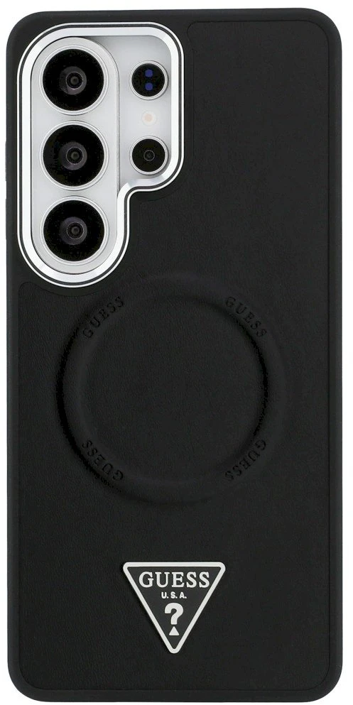Dėklas Guess Embossed Ring Triangle Logo MagSafe Samsung Galaxy S26 Ultra juodos spalvos
