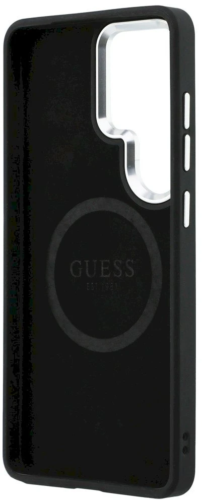 Dėklas Guess Embossed Ring Triangle Logo MagSafe Samsung Galaxy S26 Ultra juodos spalvos