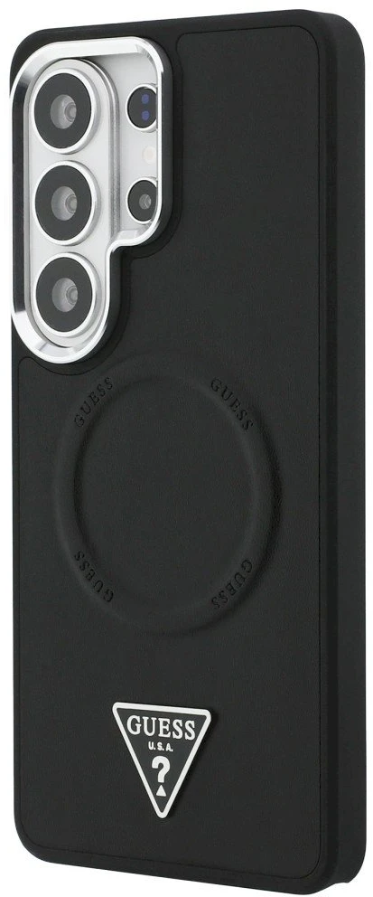 Dėklas Guess Embossed Ring Triangle Logo MagSafe Samsung Galaxy S26 Ultra juodos spalvos