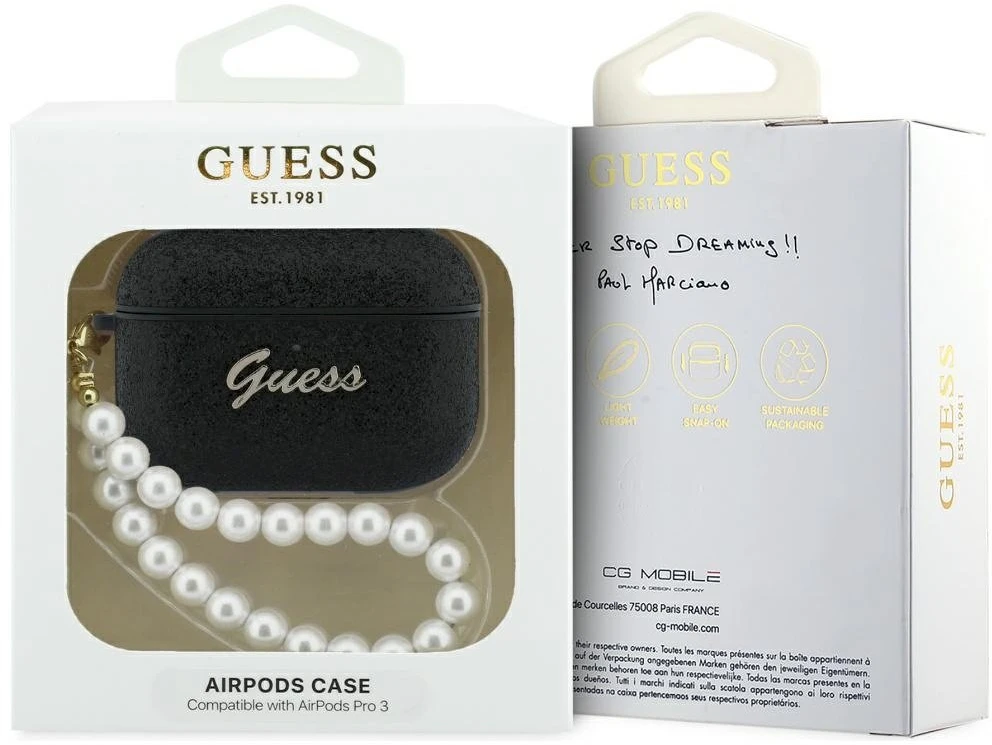„Guess“ blizgantis perlų dirželio dėklas, skirtas „AirPods Pro 3“ ausinėms - Juodas