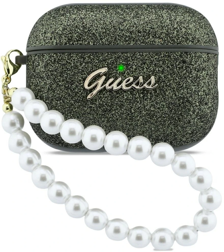 „Guess“ blizgantis perlų dirželio dėklas, skirtas „AirPods Pro 3“ ausinėms – juodas ir blizgučiai