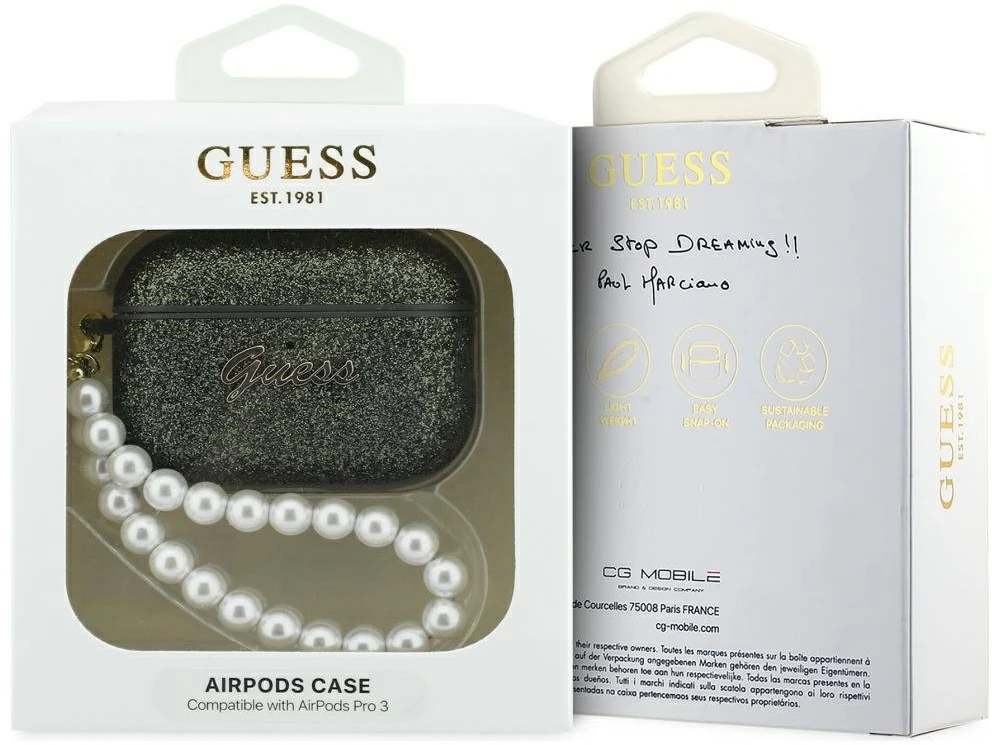 „Guess“ blizgantis perlų dirželio dėklas, skirtas „AirPods Pro 3“ ausinėms – juodas ir blizgučiai