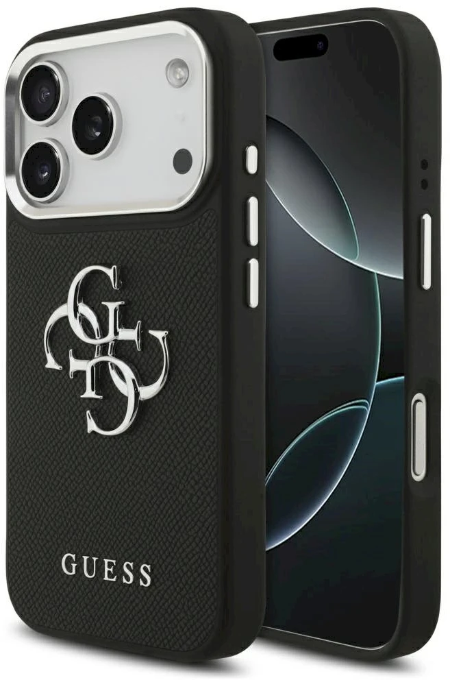 Guess PU Grained 4G Metal Logo dėklas skirtas iPhone 17 Pro juodos spalvos