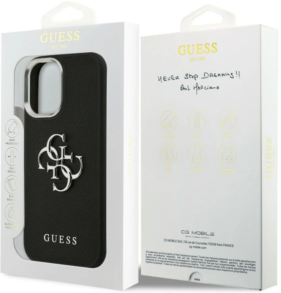 „Guess Grained Big 4G Classic“ logotipo dėklas, skirtas iPhone 17 - juodas