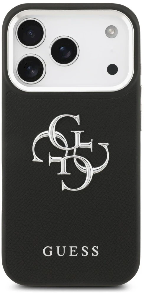 Guess PU Grained 4G Metal Logo dėklas skirtas iPhone 17 Pro juodos spalvos